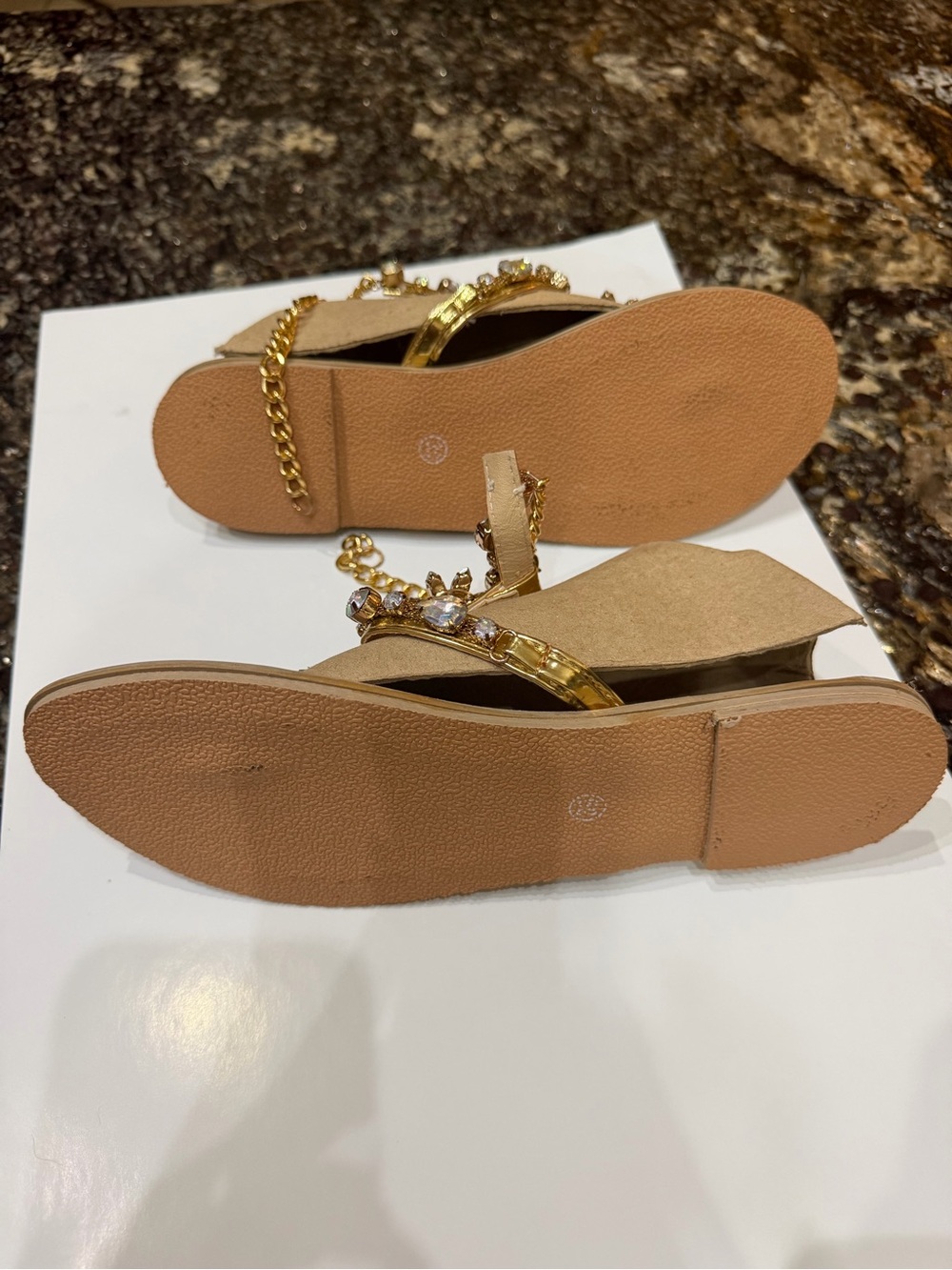 New Genuine Leather Gold Crystal Jeweled Sandals Size 7 - Picture 7 of 7